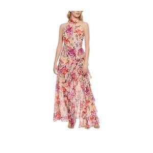 Eliza J Floral Halter Maxi Dress Womens 16 Pink Ruffle Tiered Chiffon Wedding